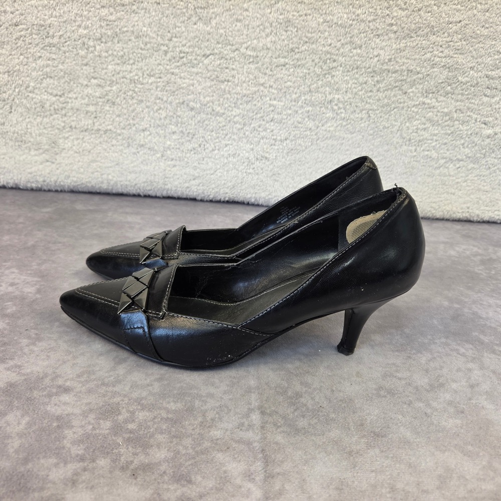 Maripe Alexa Black Leather Pointed Toe Studded Kitten Heel Pumps Mens 7M